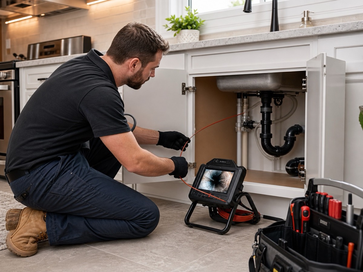 Drain technician using camera inspection equipment under a kitchen sink